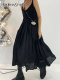 TWOTWINSTYLE Ruched Midi Dress For Women V Neck Sleeveless High Waist Solid Minimalist Long Dresses Female Summer Clothing