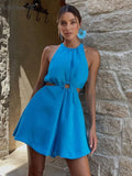 Chic Hollow Out Hole Women Blue Romper Cotton Linen Summer Jumpsuit Sleeveless One Piece Lady Wide Leg Shorts
