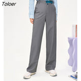 Women Pants 2022 Autumn Elastic Two-color Waist Straight Long Trousers Textured Fabric Casual Gray Suit