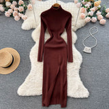 Winter Turtleneck Knitted Dress Long Sleeve Elastic Waist Slim Autumn Dress 2022 Women Solid Split Sweater Long