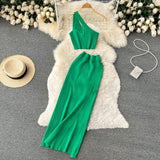 Pink Summer Women Solid 2 Piece One Shoulder Crop Top Tanks Slit Midi Skirt Set Bodycon Sexy Party Elegant