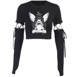 Graduation party Drawstring Patchwork Long Sleeve Crop Top Printed Gothic Bodycon T Shirt Women Streetwear Punk Black Autumn Fashion