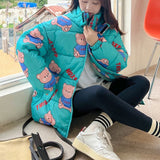 Cute Bear Full Print Loose Warm Jacket Hooded Street Casual Long Sleeve Zip Cardigan Kawaii Sweet Woman Coat 2022