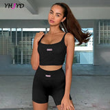 Solid Letter Label Women's Two Pieces Set Knitting Ribbed Gym Casual Crop Camisole & Shorts Active Tracksuit