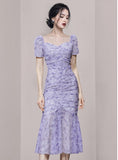 Temperament Romantic Purple Flowers Party Dress 2022 Women Square Collar Puff Sleeve Slim Ruched Ruffle Fishtail
