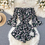 Boho style off shoulder sexy floral print Jumpsuit lace up Women Short Summer high waist Playsuit flare sleeve Beach