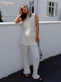 Summer Sexy Sleeveless Lace-up Shirt Two Piece Set Women Elegant High Wiast Pants Set Casual White Pleated Trouser