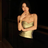 Toloer Women's Wear 2024 Winter New Solid Color Casual Chest Exposed Navel Sleeveless Gold Slim Vest Jacket-Outfit