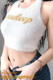 Women Elegant Halter Mink Hair Tank Tops O-Neck Knitted Off Shoulder Crop Tops Sexy Elastic Solid Tops For