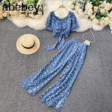 Women Autumn Bohemian Floral Set V Neck Puff Sleeve Short Top+Sexy Split High Waist Wide Leg Long Pants Two Pieces