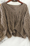 Winter Twisted Pullover Sweaters Female Knit Long Sleeve V Neck Crop Sweater Tops Korean Y2K Halter Jumper Pull