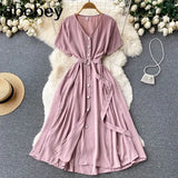Vacation Chiffon Dresses For Women 2022 Pleated Long Dress Solid Color Temperament V-neck Maxi Bohemia Dress Robe