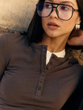 Buttoned Long Sleeve Solid Top-Outfit