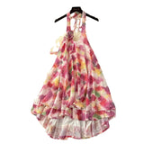 Three-Dimensional Flowers Hanging Neck Slings Loose Short A-Shaped Dress Women's Lotus Leaf Side Vacation