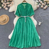 Fashion Embroidery Midi Long Dress Lapel V Neck Pearl Belt Ruff Sleeve Ladies Elastic Waist Sweet Beach Summer