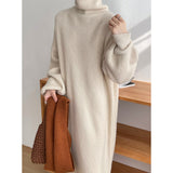 Women's Solid High Neck Roll Collar Sweater Dress 2022 Winter Khaki White Black Brown Long Loose Slim Padded Knit