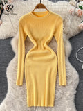 Women Striped Midi Sweater Dress Long Sleeve Elastic Waist Slim Warm Dress Fashion 2022 Ladies Thick Knitted