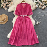 Fashion Embroidery Midi Long Dress Lapel V Neck Pearl Belt Ruff Sleeve Ladies Elastic Waist Sweet Beach Summer
