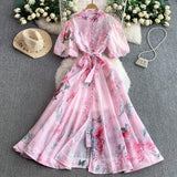 Retro-Print Collar Bubble-Sleeved Dress Women's Summer Straps To The Waists To Show A Thin Swollen