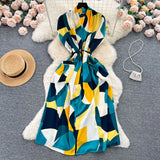 Luxury Retro V-Neck Print Dress Women's Summer French Tamped Loose Thin Long Shirt