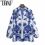 Women Chic Fashion Totem Print Asymmetric Blouses Vintage Long Sleeve Side Vents Female Shirts Chic