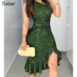 Women Spring Autumn Elegant Ruched Slit Glitter One Shoulder Sleeveless Twisted Ruffled Midi Bodycon Dress Party