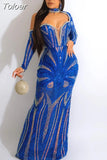 Women Hot Drill Rhinestones Diamond Long Party Sequin Dresses Luxury One Shoulder Long Sleeve Evening Mermaid