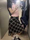 Vintage 90s Plaid Skirt Women Summer 2023 Korean Style Casual Mesh Print High Waist Slim Midi Skirt Girl Y2k