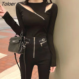 Zipper Slim Fit Women's Sweater Autumn Winter Solid Color Knitted Sweaters Ladies 2023 Streetwear Hollow Out Jumpers