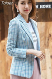 Women Elegant Plaid Blazer Long Sleeve Single Button Slim Checked Coat Formal Office Work Jacket Outerwear Pink