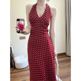 Casual Temperament Wave Point Print Hanging Neck V-Neck Dress Korean Waist Thin