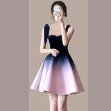 French Temperament Women Party Dress Suit Fashion Velvet Bow Sling Top + Gradient A-Line Mini Skirt Female 2 pcs