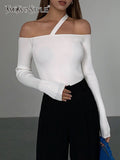 Slim Black Sweater For Women Irregular Collar Off Shoulder Long Sleeve Minimalist Knitting Pullover Female