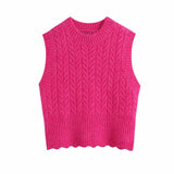 women pullover knitted sweater red solid crochet casual slim female sweaters chic o neck sleeveless vest