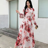 French Temperament Bow Mid-Long Retro Print Temperament Chiffon Dress