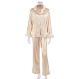 Wear Women Soft Feather Home Suit Button Up Top Slim Pants Two Piece Set 2022 Casual Pajama Elegant Lady Homewear