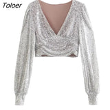 Women Sexy Deep V Neck Short Sequined Smock Blouse Lady Chic Pleats Puff Sleeve Party Wear Crop Shirts Blusas Tops