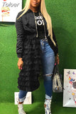 Mesh Cascading Ruffles Extra-long Coat for Women Zipper Up Long Sleeve Slim Jackets Autumn Winter High Waist