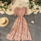 Boho Women Floral Printed dress V neck Puff-Sleeve dresses summer Ruffles beach midi