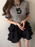 Summer Striped Letter Short-sleeved Thin Sweater Women's Vintage Round Neck Knit Loose Casual Pullover Knitwear Jumper