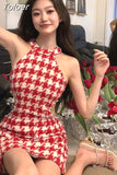 Hit Color Houndstooth Dress Women Sexy Pearls Beaded Hollow Out Waist Dresses 2023 Summer Sleeveless Bodycon