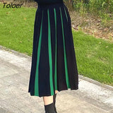 Spring A Line Midi Knitted Skirt for Women Mixed Color Pleated Long Skirts Woman 2023 Elegant High Waist Skirt
