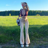 Velvet Flare Pants Vintage Wave Print Y2K 90s Trousers High Waist Streetwear Joggers Women Harajuku Sweatpants 2022