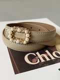 Fashion Women's PU Leather Belt Diamond Decoration Pearl Dress Belt Solid Color Belts All Season 2023 Trend New
