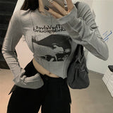 Casual Slim T-shirt For Women O Neck Long Sleeve Sexy Crop Top Grunge Letters Print Female Korean Fashion Clothing