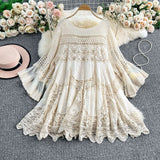 Dali Tourism Holiday Dress Women New Gentle Wind Tied V Tie Horn Sleeve Hollow Knitting