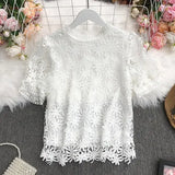 New Summer Sweet All-match O-neck puff sleeve Blouse hollow out Lace Crochet stitching Shirt