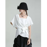 Women White Irreuglar Hem Bandage Bow Elegant T-shirt New Square Collar Short Sleeve Fashion Spring Summer 2023