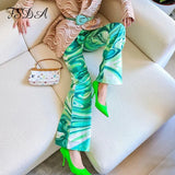 2021 Tie Dye Print Pants Women Green Wide Leg Summer Spring Casual Vintage High Waist Zipper Fashion Trousers