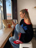 Fashion Vintage Collidered Tramming Trams Design Knitted Loose Casual Sweater In Autumn/Winter